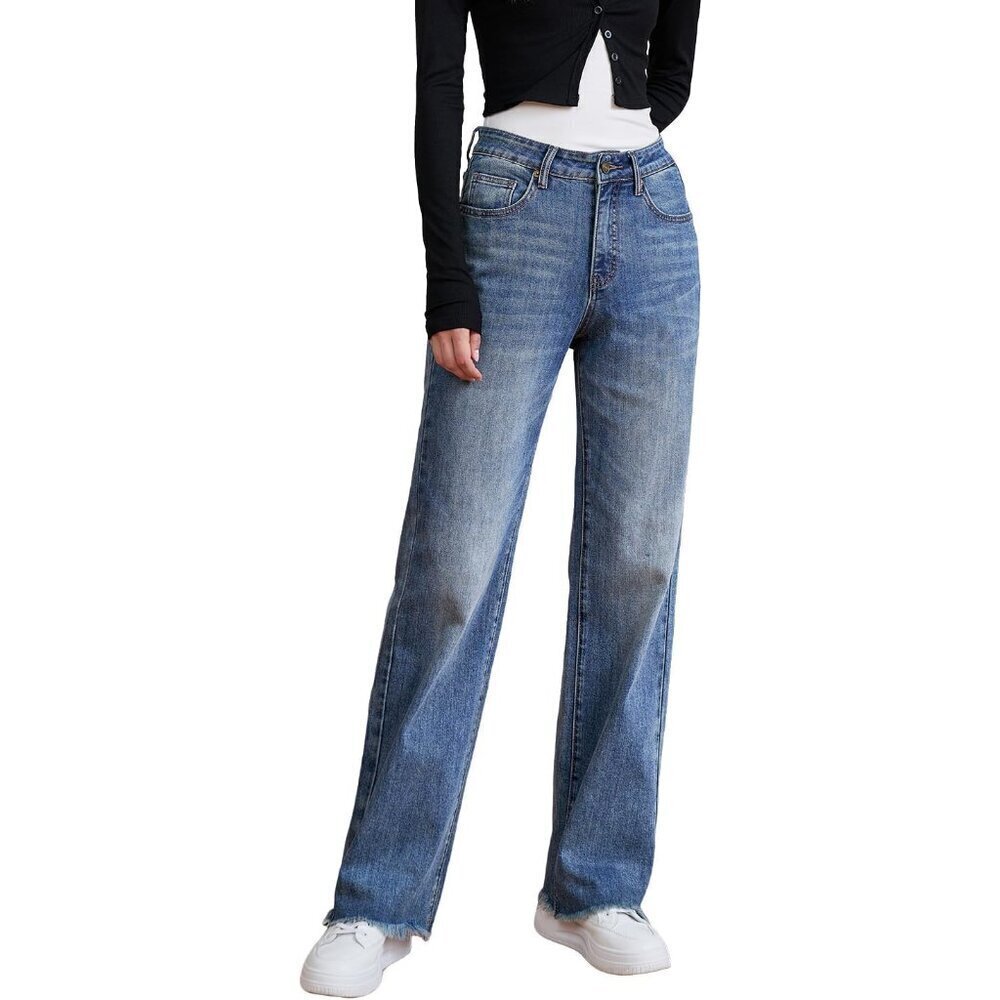Womens High Rise Stretch Denim Jeans Straight Leg Tummy Control Raw Hem